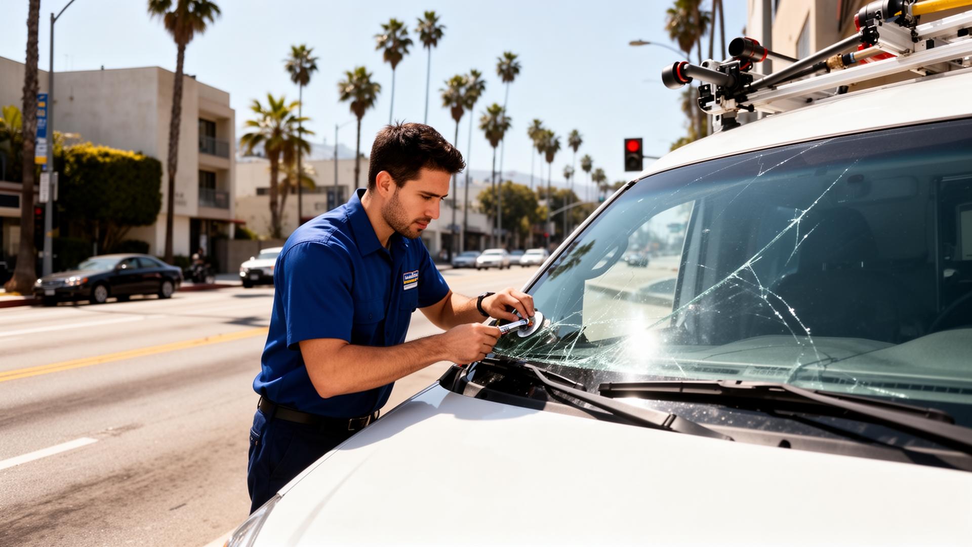 Mobile technician repairing a windshield in Los Angeles